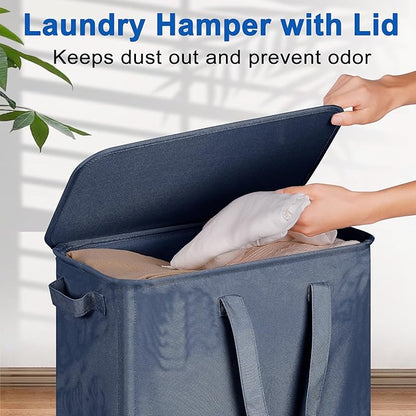 Slim Laundry Hamper with Lid and Wheels, Small Rolling Laundry Basket with