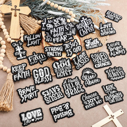 Hahafelt 36 Pcs Black Christian Embroidered Iron on Patches Motivational Bible Verse Religious Sew on Applique Patches for Hat Backpack Jacket Clothes DIY Accessories Decorations