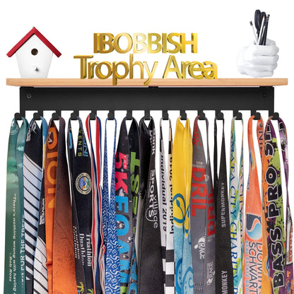 iBobbish Trophy Shelf with Hooks for Medals - Trophy Shelf for Wall Mount Ribbon Display, Trophy Shelves for Gymnastics, Soccer, Wrest,Running Race Medals Awards Rack,Gifts for Runners Luxurious