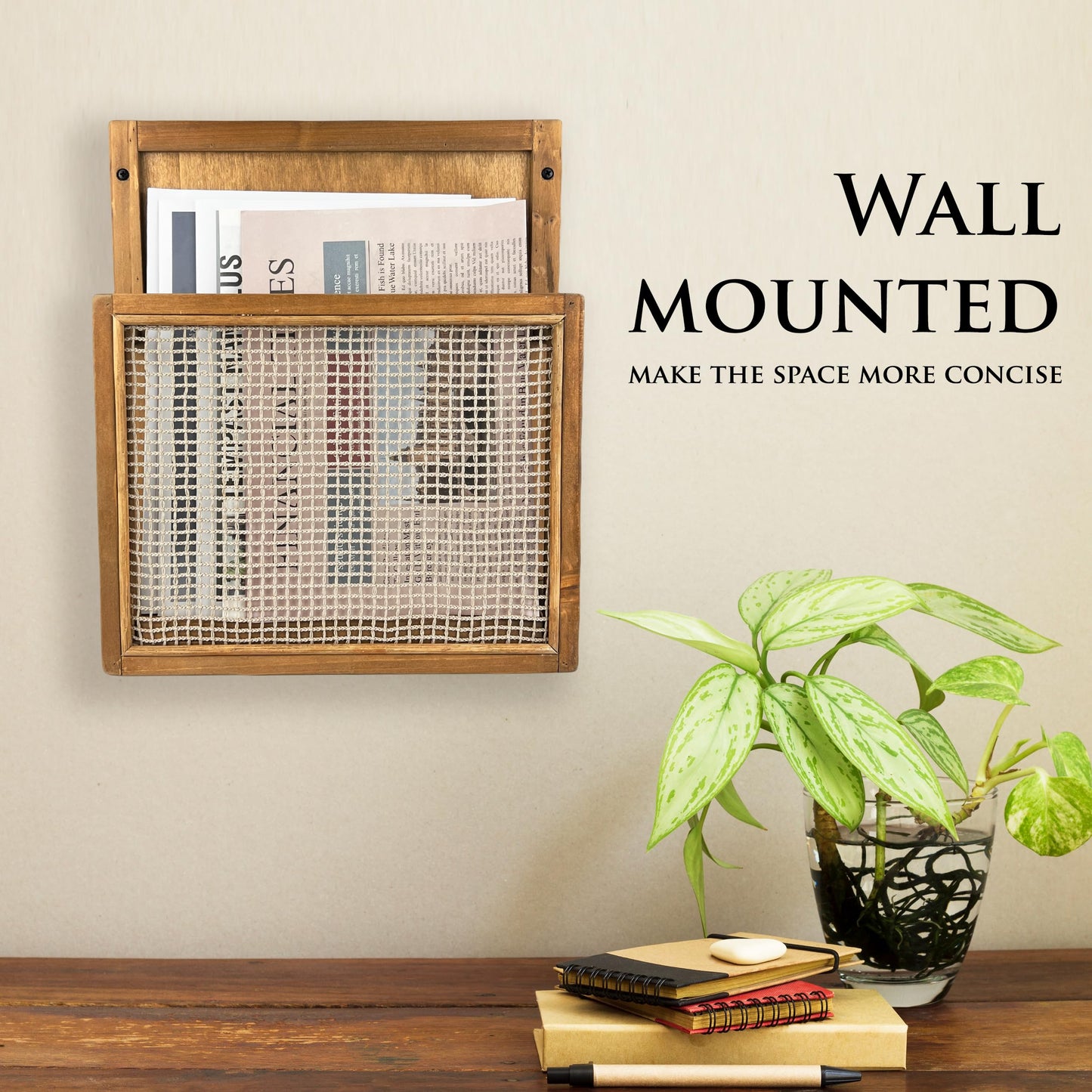 Pubgeer Wooden Wall Mounted Magazine Rack, Boho Style Wall File Organizer, File Holder For Entryway Living Room Kids’ room and Office, Magazine Holder, Hanging Mail Organizer (Brown)