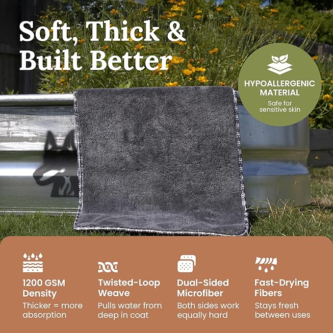 Dog Drying Towel for Dogs – Extra Large 24" x 35" Microfiber Dog Bath Towel, 1200 GSM Twisted Loop, Ultra Absorbent, Edgeless, Quick Dry for Bath, Beach & Travel, Gray