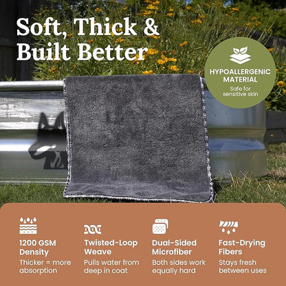 Dog Drying Towel for Dogs – Extra Large 24" x 35" Microfiber Dog Bath Towel, 1200 GSM Twisted Loop, Ultra Absorbent, Edgeless, Quick Dry for Bath, Beach & Travel, Gray