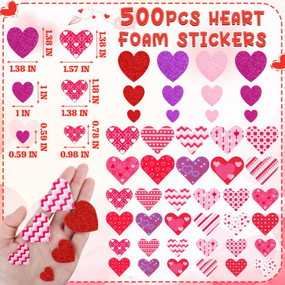 500 PCS Valentines Stickers, Self-Adhesive Foam Heart Stickers for Craft Lovers, 3 Sizes Glitter Polka Dots Stripe Valentines Decor, Bulk Valentine Crafts Red Pink DIY Decor for Frames Presents Cards