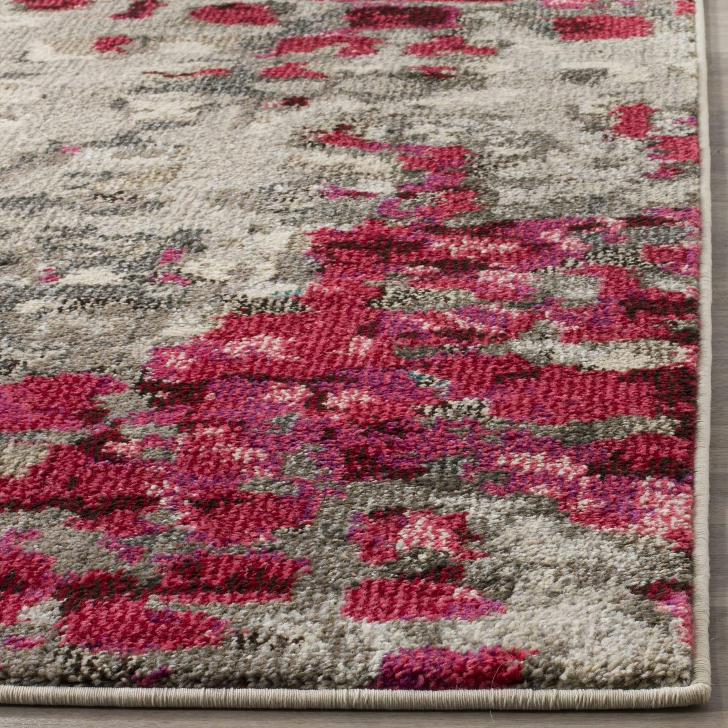 SAFAVIEH Monaco Collection Area Rug - 6'7" Square, Grey & Fuchsia, Boho Chic Abstract Watercolor Design, Non-Shedding & Easy Care, Ideal for High Traffic Areas in Living Room, Bedroom (MNC225R)