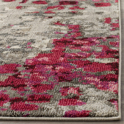 SAFAVIEH Monaco Collection Area Rug - 6'7" Square, Grey & Fuchsia, Boho Chic Abstract Watercolor Design, Non-Shedding & Easy Care, Ideal for High Traffic Areas in Living Room, Bedroom (MNC225R)