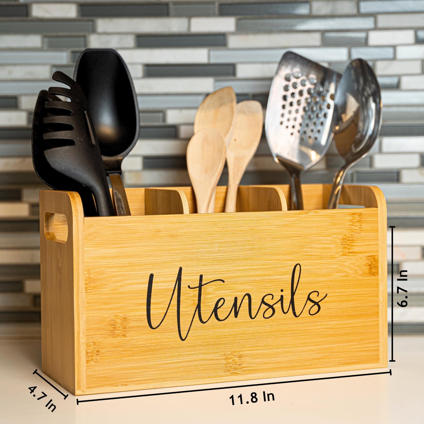 Bamboo Kitchen Utensil Holder for Countertop – Large 3-Compartment Cooking Utensil Organizer & Caddy with Drain Holes, Farmhouse Bamboo Holder for Kitchen Counter, Wood Storage for Spatulas & Spoons