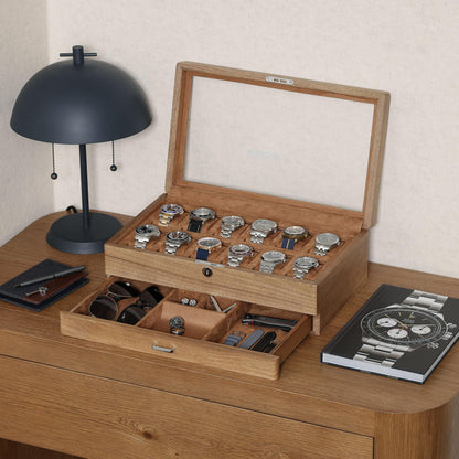 ROTHWELL 12-Slot Solid Walnut Watch Box with Valet Drawer - Premium Jewelry Display Case Organizer with Locking Glass Top and Microsuede Liner for Men & Women (Tan Interior)
