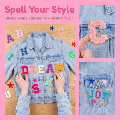 132 Pcs Varsity Letter Patches Kit - 104 Self Adhesive Chenille Letters & 28 Iron On Stars, No-Sew Fabric Patches for Clothes, Jackets, Backpacks, Hats, DIY Crafts (2.17", Multi-Color)