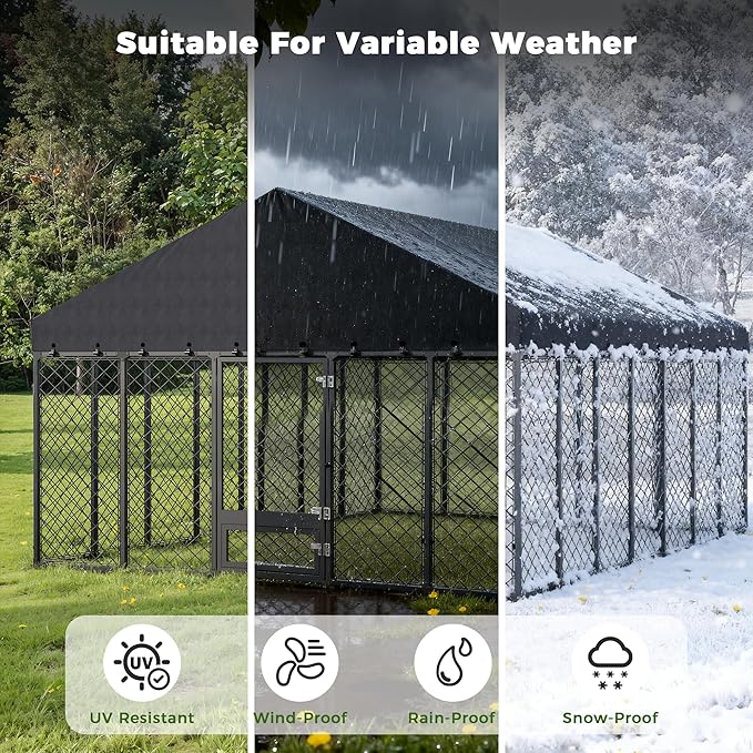 10x14×6.4 FT Heavy Duty Dog Kennel Outdoor with Secure Double Locks and Waterproof & UV Resistant Roof Cover,All Weather Resistant Anti-Rust Metal Enclosure for Large Dogs
