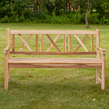 Sunnydaze 2-Person Outdoor Bench for Front Porch or Park - Wooden Teak Patio Garden Bench with Backrest - 675 lb Weight Capacity - Crossback