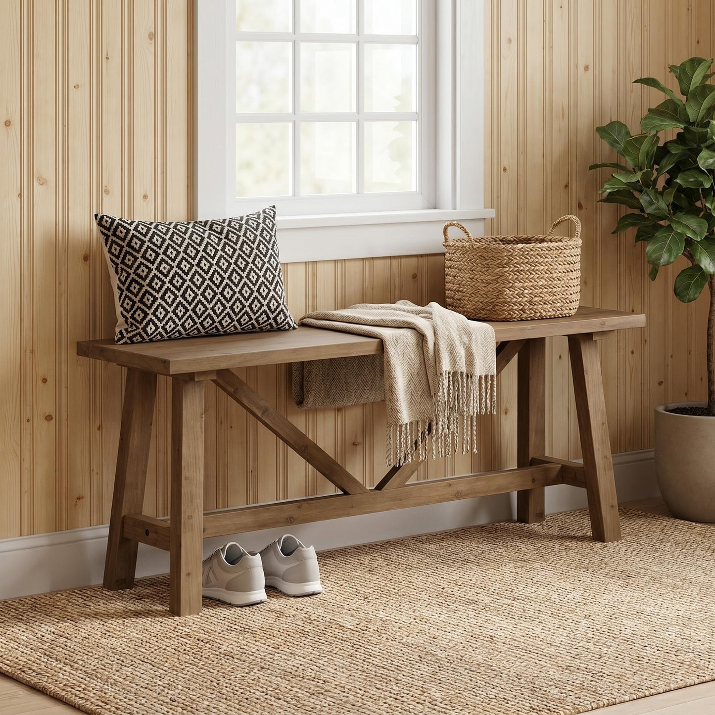 Wnutrees 43" Farmhouse Solid Wood Bench, Narrow Long Seat for Entryway Living Room Dining Area, Natural