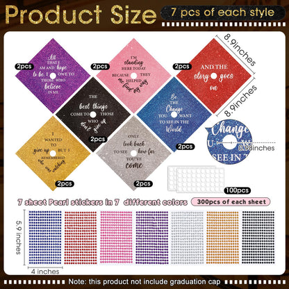 Gersoniel 14 Pcs DIY Photo Graduation Cap Topper Decorations with 7 Sheet Pearl Stickers 2026 Personalized Glitter Printed Design Inspirational Cap Topper Decal for Graduation Craft Accessories Decor
