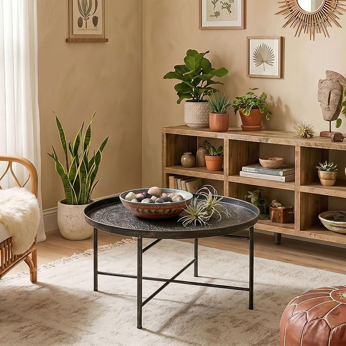 HOMCOM 24" Round Coffee Table with Hammered Tray Top, Vintage Metal Center Table for Living Room, Bedroom, Side Table, Pewter