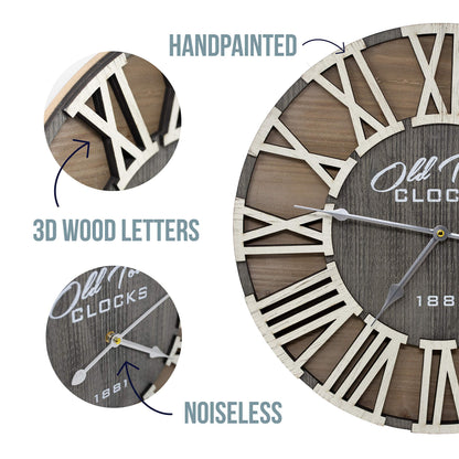 Oldtown Clocks 18" Rustic Farmhouse Wash Out Vintage Roman Wooden Wall Clock Silver Hands (Whitewood Lettering, 18 inch)