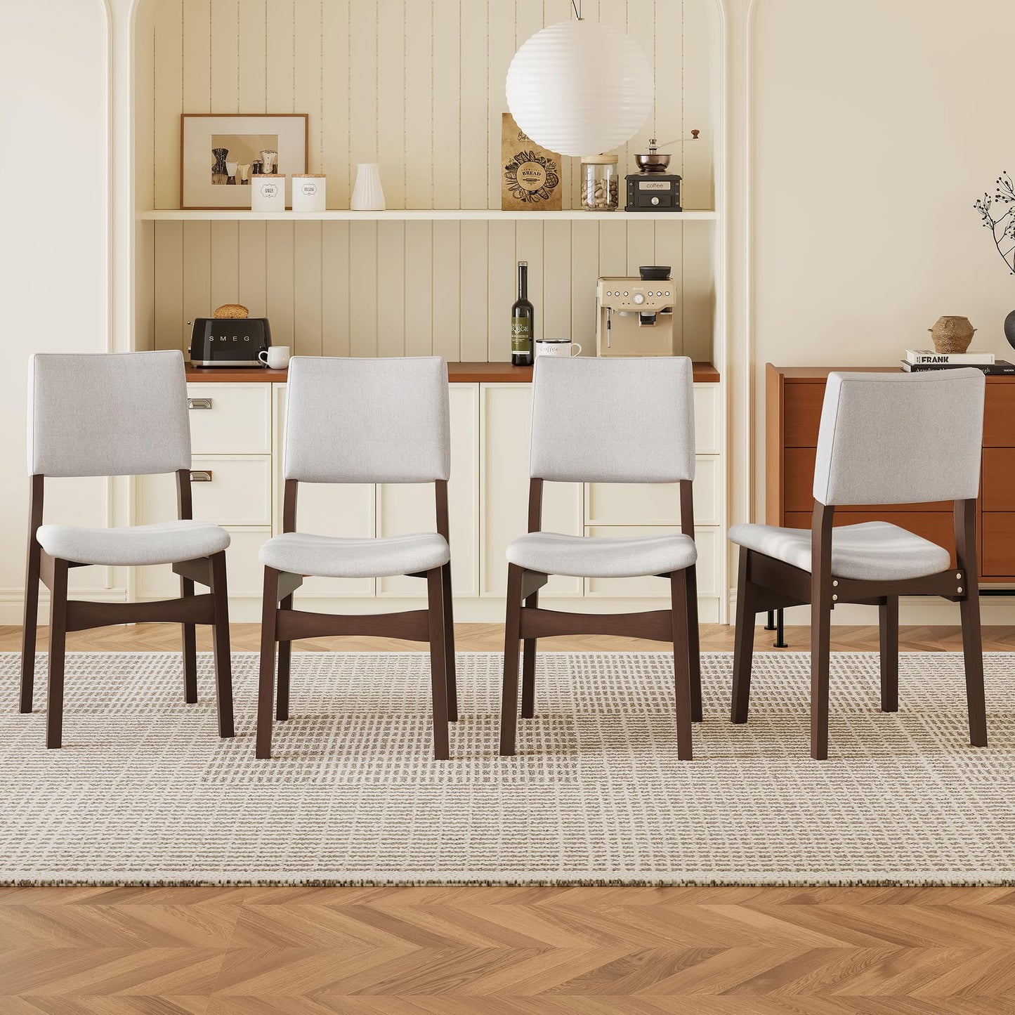 Upholstered Stackable Dining Chairs Set of 2 Linen Fabric Seat Backrest, Solid Wood Frame, Rustic Kitchen Chairs for Dining Room, Living Room, Dark Walnut BM21
