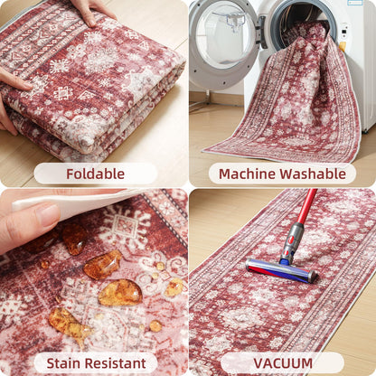 Nestiva 2x6 Runner Rug Non Slip Washable Carpet with Rubber Backing Soft Floral Boho Runner for Hallways, Kitchen, Laundry, Bedroom, Burgundy