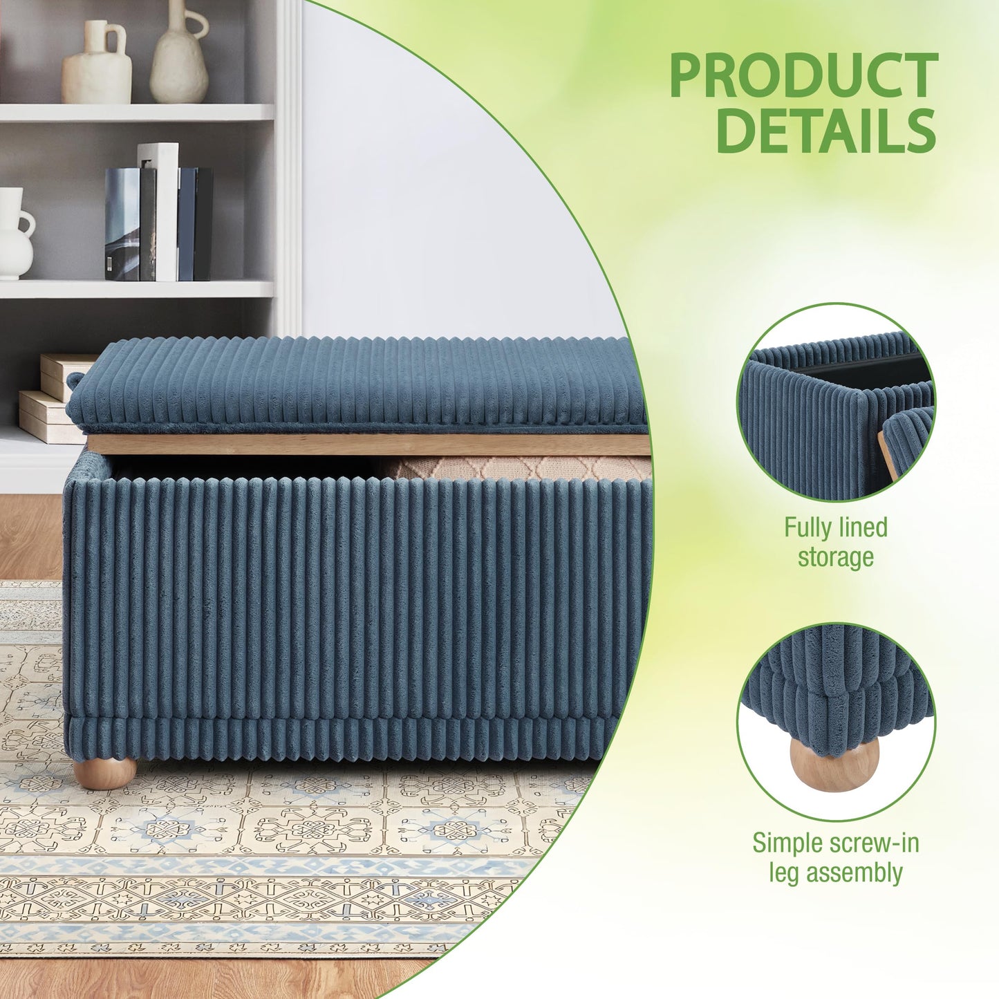OSP Home Furnishings Sahara Storage Bench with Flip-Top Wood Tray, 42.5W x 14D x 18.5H inches, Natural Wood Feet, Blue Cord Fabric