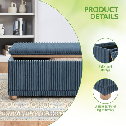 OSP Home Furnishings Sahara Storage Bench with Flip-Top Wood Tray, 42.5W x 14D x 18.5H inches, Natural Wood Feet, Blue Cord Fabric