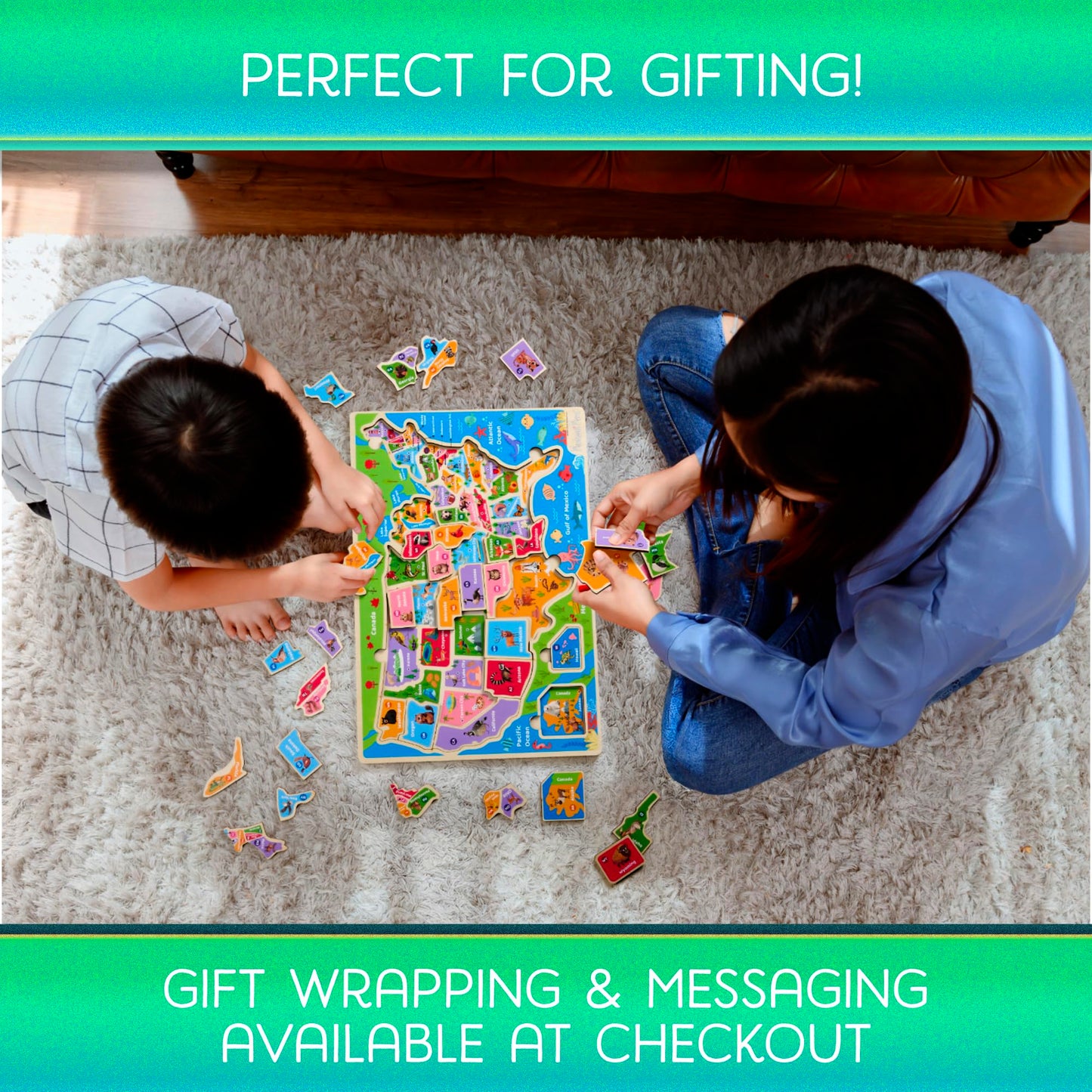 Montessori Mama USA Map Wooden Puzzle, Puzzles for Kids Ages 4-6 Educational Toys for 4 Year Old Kids Puzzles Ages 5-8 Landmarks, Animals, Capitols and States