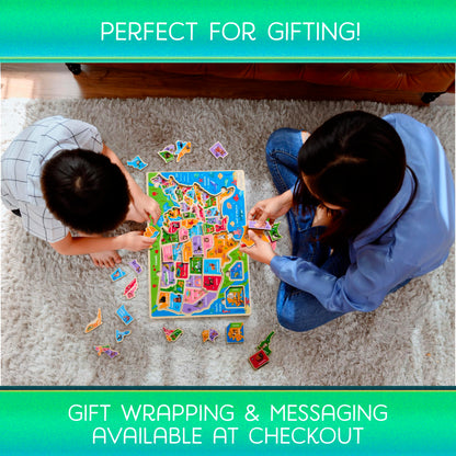Montessori Mama USA Map Wooden Puzzle, Puzzles for Kids Ages 4-6 Educational Toys for 4 Year Old Kids Puzzles Ages 5-8 Landmarks, Animals, Capitols and States