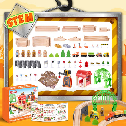 Wooden Train Set 102-Piece for Toddlers Kids Ages 3-8, Double-Sided Expandable Train Track with Puzzles & Magnetic Crane Toys, STEM Railway Playset Gifts Compatible with Major Brands for Boys Girls