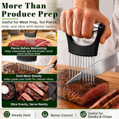 Onion Slicer, Stainless Steel Onion Holder for Slicing with Protective Cover, Onion Cutter Tool, Food Slicing Guide for Kitchen, Tomato, Potato, Lemon, Meat, Avocado, Egg, Fruit