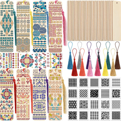 TaoBary 92 Pcs Wood Bookmark Making Kit Includes 36 Unfinished Blank Bookmarks 36 Tassels 20 Templates Craft for DIY Crafts, Painting, Valentine's Day, Mother's Day Gift(Geometry, 4.8 x 1.3 Inch)