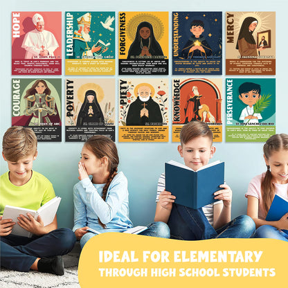 Catholic Saints Posters for Kids - Set of 16 (11x14) Unframed Christian Classroom Decor - Bible Virtues Quotes from Saints - Sunday School & Faith Bulletin Board Decorations