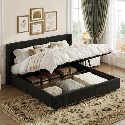 GarveeHome King Size Lift Up Storage Bed Frame, Corduroy Upholstered Platform Bed with Gas Lift, Padded Headboard, Wooden Slat Support, No Box Spring Needed, Black