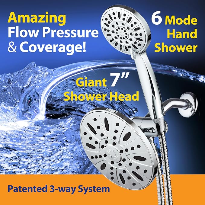 AquaDance for California - 7" Premium High Pressure 3-Way Rainfall Combo for Best of Both Worlds - Enjoy Luxury 6-Setting Rain Showerhead and Hand Held Shower Separately or Together - Chrome Finish