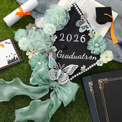 Solsew 35 Pcs DIY Graduation Cap Decorations Accessory Kit, 3D Artificial Flowers, Butterfly & Alphabet Letter Stickers, Pearl Stickers, Bowknot for Grad Hats Decor(Green)