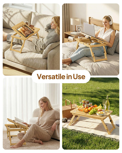 Bamboo Lap Desk,Adjustable Bed Desk with 4 Angle Options and Folding Design,Laptop Stand for Bed,Writing,Office Work,Drawing,Sofa & Travel
