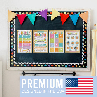 Parts of Speech Posters for Classroom Must Haves -12 Grammar Posters, Writing Process for Homeschool, Elementary & Middle School, ELA 3rd 4th & 5th Grade Teacher Must Haves, Gold Classroom Decor
