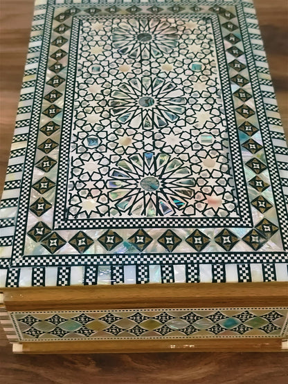 FAMA.store Handmade Egyptian Jewelry Box – Mother of Pearl Inlay – Decorative Wooden Trinket Box for Women Oriental Keepsake Storage Organizer (8.8" x 5.8" x 2.8"inch M05)