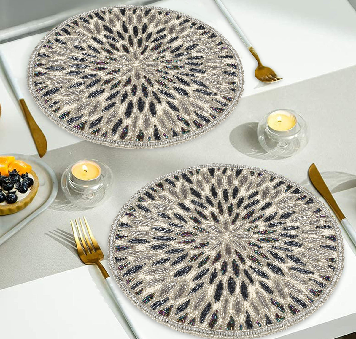 Beaded Charger 13" Round Floral Marigold - Silver Dark Grey Placemat for Dining Table, Holiday & Christmas