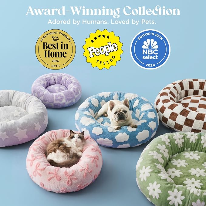 Lesure Shown on TV Donut Cat Bed for Indoor Cats - Small Round Dog Bed for Calming Pet as Gift with Washable Cover, Cute Puppy Bed with Jacquard Shaggy Plush & Anti Slip Bottom, 20 Inch, Flower Checks