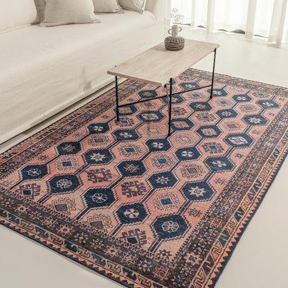 KNOTTING MATTERS Indiclay 5’ x 8’ Area Rug – Blush Pink & Deep Navy Heritage Flatweave, Low-Pile – Easy Clean Area Rug – Perfect for Living Room, Dining Room, Bedroom – Pet & Kid Friendly