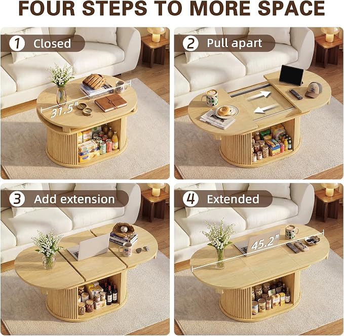 YESHOMY 45.2" Extendable Coffee Table with Storage, Fluted Oval Coffee Table with Sliding Door, Mid Century Modern Center Table for Living Room, Oak