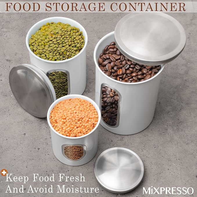 Mixpresso 3-Piece White Canisters Sets For The Kitchen, Airtight Canister Set With See Through Window, Storage Jars for Coffee Container, Tea Organizer & Sugar Canister, White Kitchen Canisters