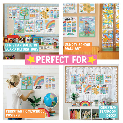 Hadley Designs Sunday School Decorations for Classroom –9 Bible Posters for Kids, Books of the Bible, 10 Commandments, Bible Timeline Chart, Fruits of the Spirit, Pastel Christian Classroom Decor