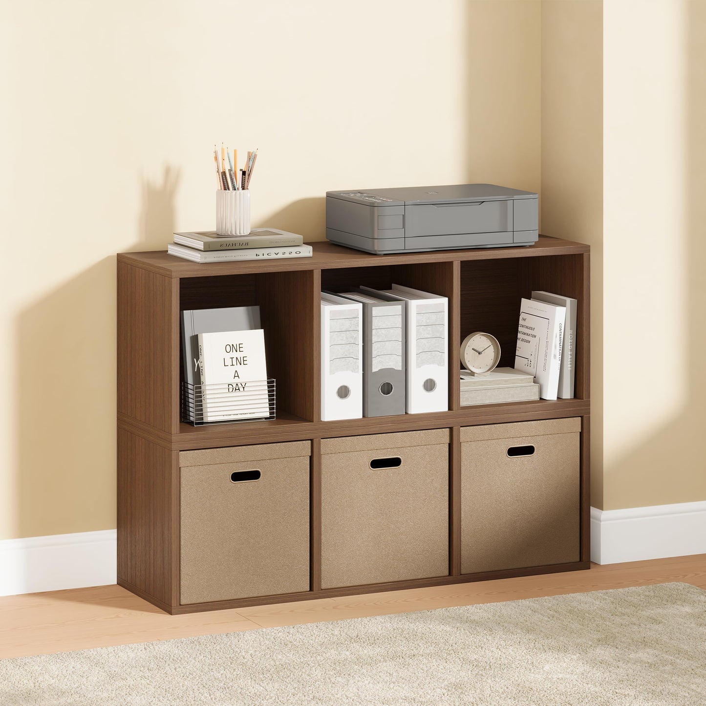 IOTXY DIY Modular Cube Bookcase - CubeXY Customizable Stackable Expandable Basic Shelving Units, 3-Cube Wooden Open Bookshelf for Fabric Storage Bin Organizer, Walnut