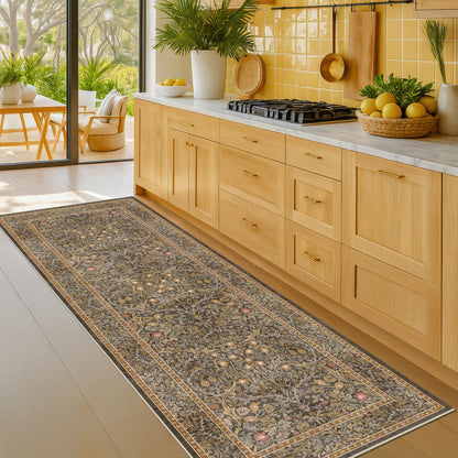 Washable Runner Rug Non Slip 2x6, Gold Brown Runner Rug for Kitchen, Bathroom, Entryway, Hallway, Laundry Room, Bedroom Bedside, Vintage Floral Stain Resistant Soft Low Pile Carpet