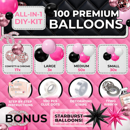 ALL-IN-1 Pink and Black Balloons Arch Kit with BONUS Starburst Balloons – Pink Black and White Balloons for Hot Pink and Black Party Decorations for Birthday and Theme Party Celebrations
