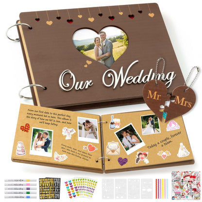 CY2SIDE Our Wedding Scrapbook Album - 111PCS DIY Wooden Memory Photo Book Craft Kit with Stickers Markers Stencils Photo Corner Mr & Mrs Ornament, Picture Journal Gift for Bridal Wedding Anniversary