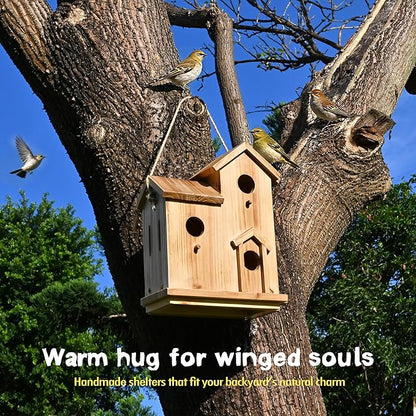 3-Chamber Wooden Bird House with Rope, Outdoor Bird Nesting Box with 3 Entry Holes, Multi-Level Shelter for Small Birds (Wood, 3 Chamber)