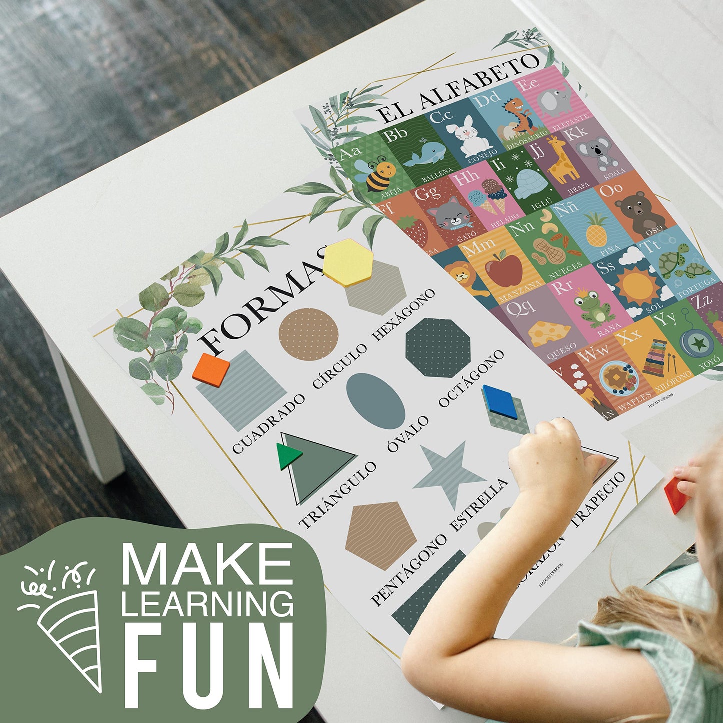 Hadley Designs Spanish Posters for Classroom - 12 Bilingual Educational Posters for Spanish Classroom Decorations Must Haves, Calendario y Alfabeto en Español Para la Pared, Greenery Teacher Supplies
