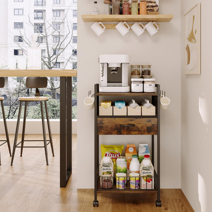 Dsmadn Small Coffee Bar Cart with Drawer Srorage, Office Coffee Bar Station Organizer Mug Cup Holder Stand, K Cup Holder Rack for Home Buffets & Sideboards for Kichen, Entryway, Living Room (Black)