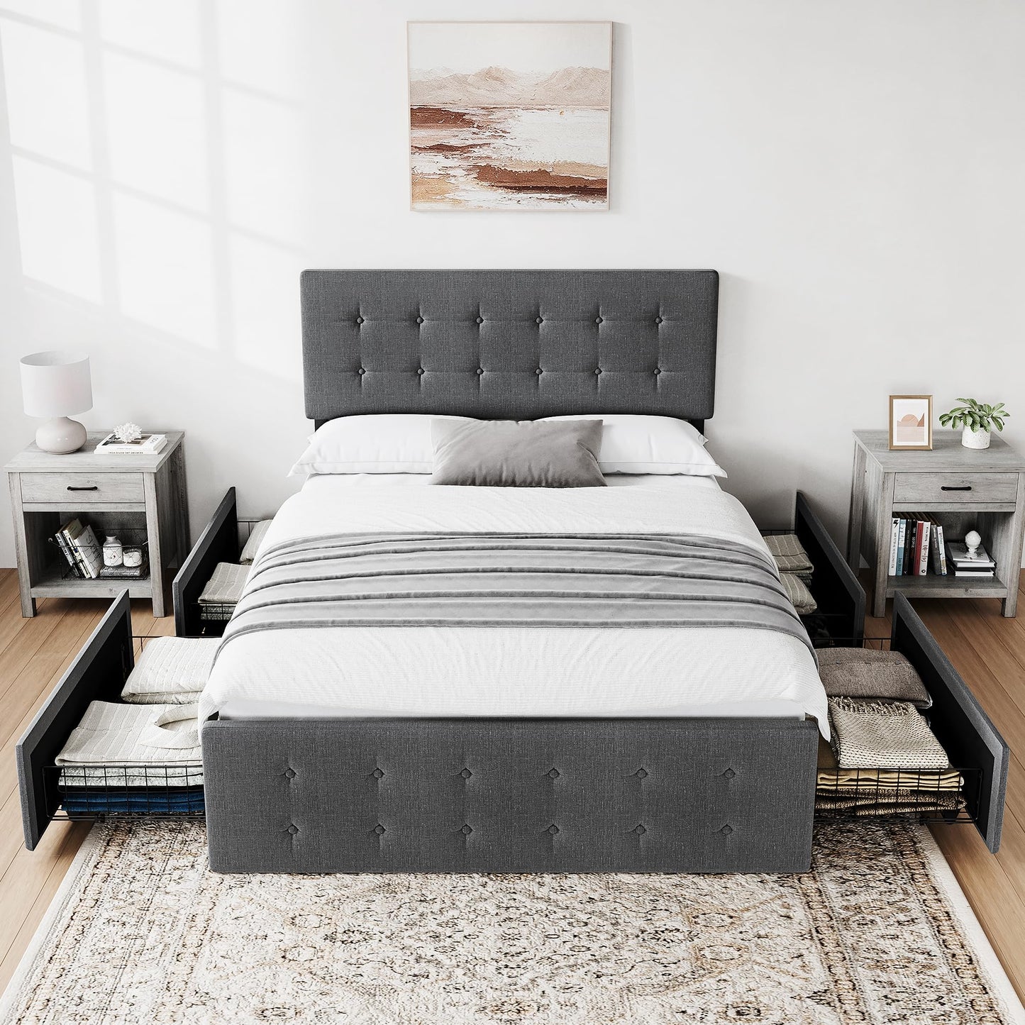 GAOMON Queen Bed Frame with 4 Storage Drawers and Adjustable Headboard, Grey Bed Frame Queen Size Platform Bed Frame with Large Storage and Wooden Slats Support, No Box Spring Needed, Noise-Free