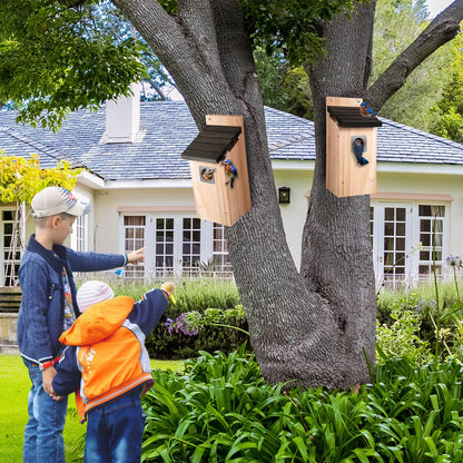 Dreyoo 2 Pack Bluebird Box Houses for Outside,1-1/2'' Entrance Hole Wooden Bird Houses with Metal Guard, Secure Latch,Fledgling Grooves,Air Vents for Bluebird Wren Swallow(Dark Wood)
