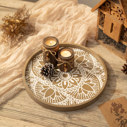 Hanobe Round Decorative Tray for Table: Boho Coffee Table Trays for Home Decor - Mid Century Farmhouse Circle Wood Serving Rustic Bohemian for Kitchen Counter Women